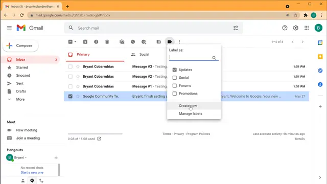 Creating a new label in Gmail for organizing emails.