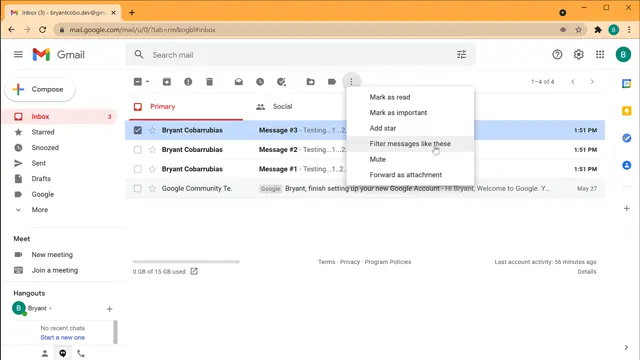 Setting up a filter for messages in Gmail.