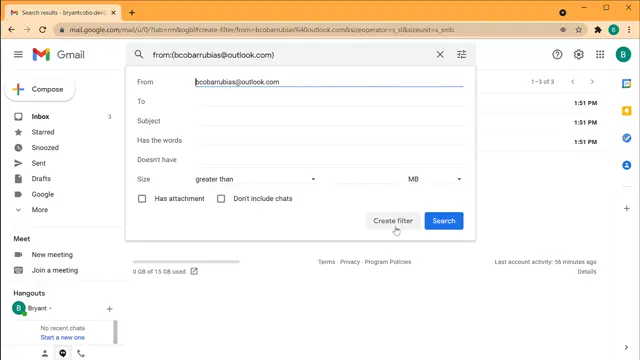 Applying a filter to incoming emails in Gmail.