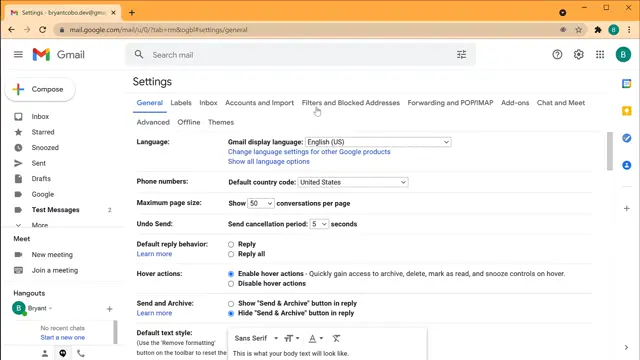 Managing filters in Gmail settings.