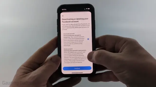 Delete Account Option Selecting delete account option in Facebook.